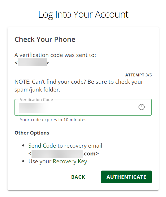 Authenticate Using the Code Texted to TPN