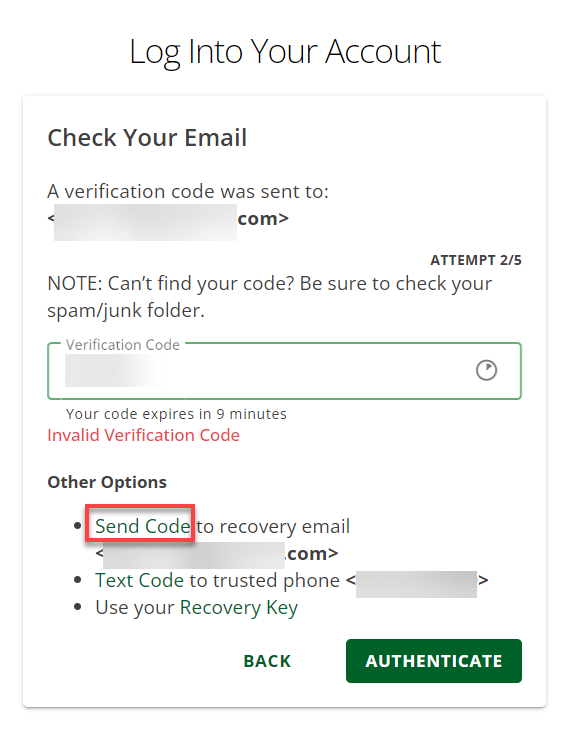 Send Code to Recovery Email