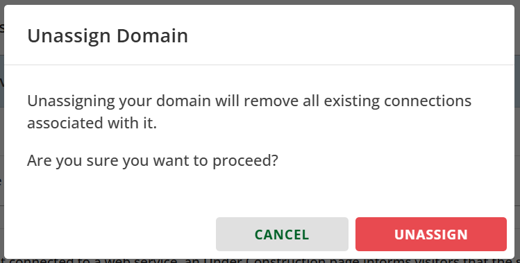 Unassign Domain Pop-Up