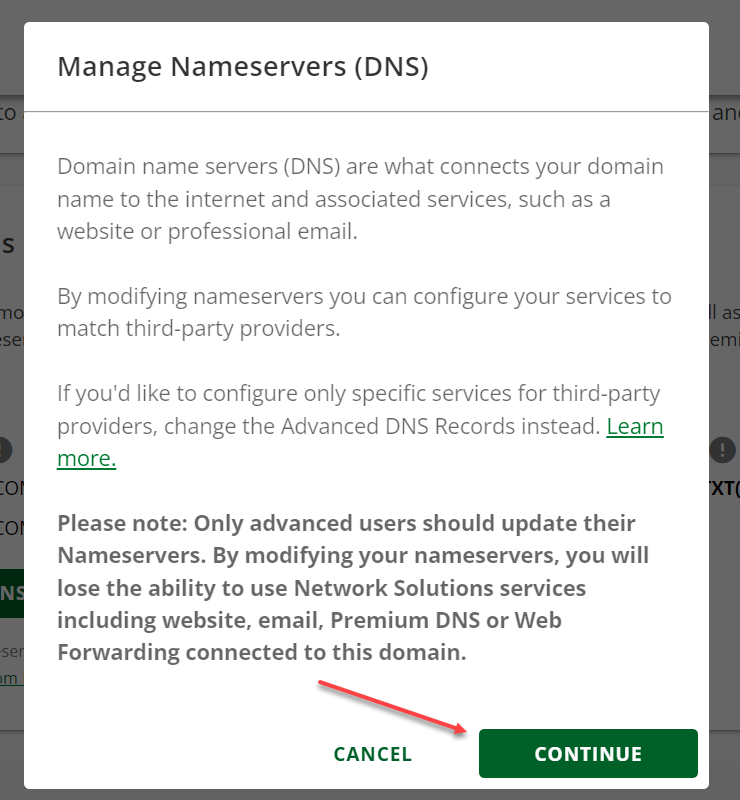 Manage Nameservers pop-up