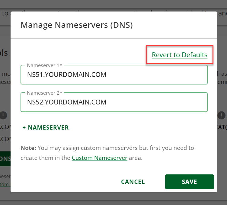 Revert to Defaults link