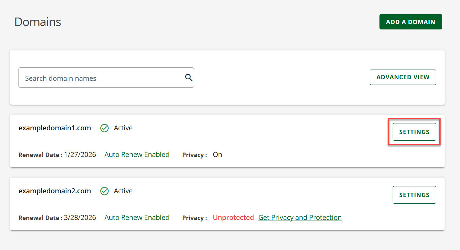 Domain Settings button