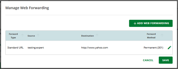 Manage Web Forwarding table and green pencil icon to open web forwarding record