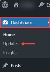 WordPress dashboard showing Updates menu option